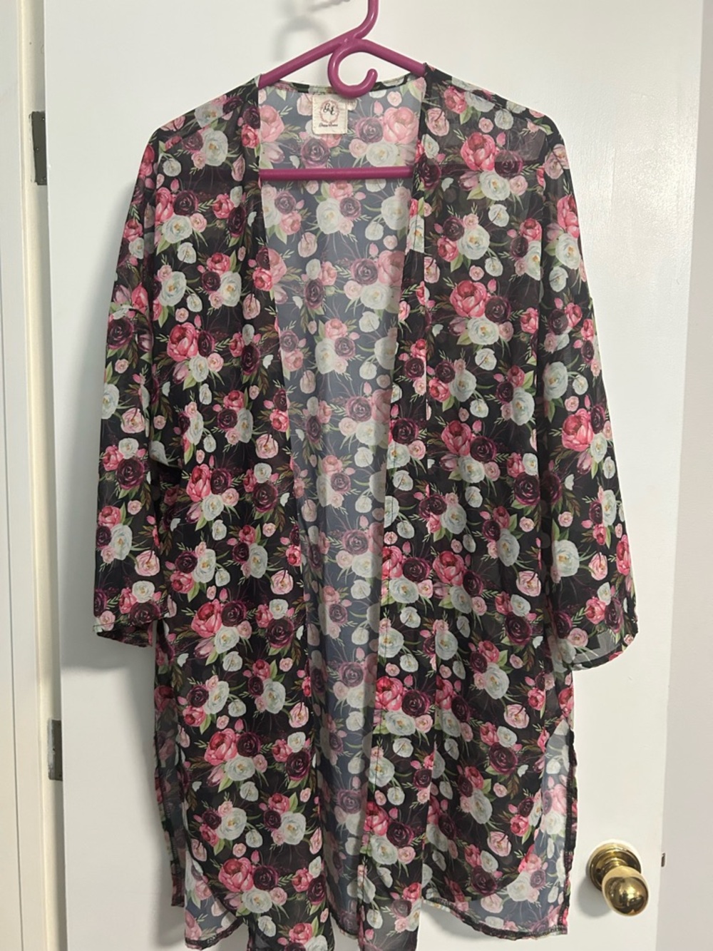 Sheer Floral Kimono Robe in Black with Pink & White Roses